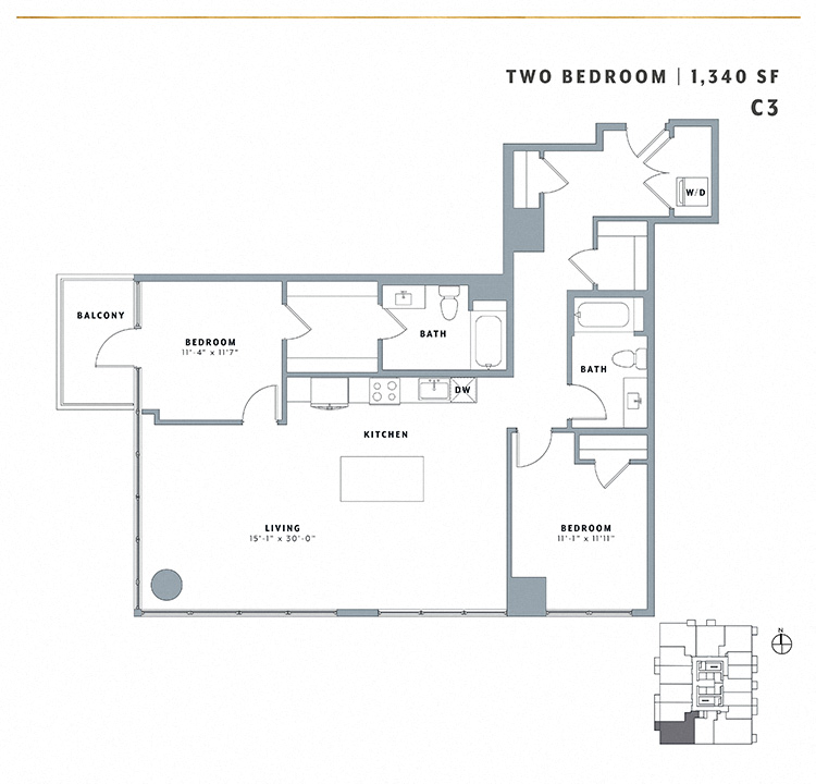 Floor plan for 2 beds, 2 baths, 1340 sqft